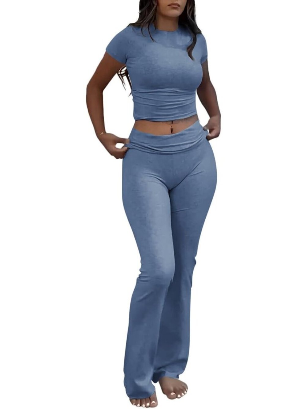 Trendy Casual Two-Piece Workout Set for Women - Short Sleeve Crop & High Waist